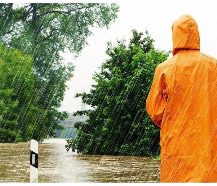 Person dressed in a yellow raincoat with back facing camera looking at the rain pouring down.